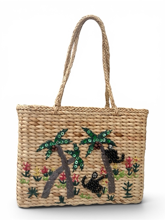 Handbags - Artisan Straw Woven Tote Palm Tree Monkey Embellished Coastal Resort Handbag